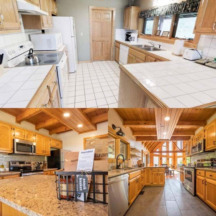 Four kitchen views with wooden cabinets, countertops, and appliances.