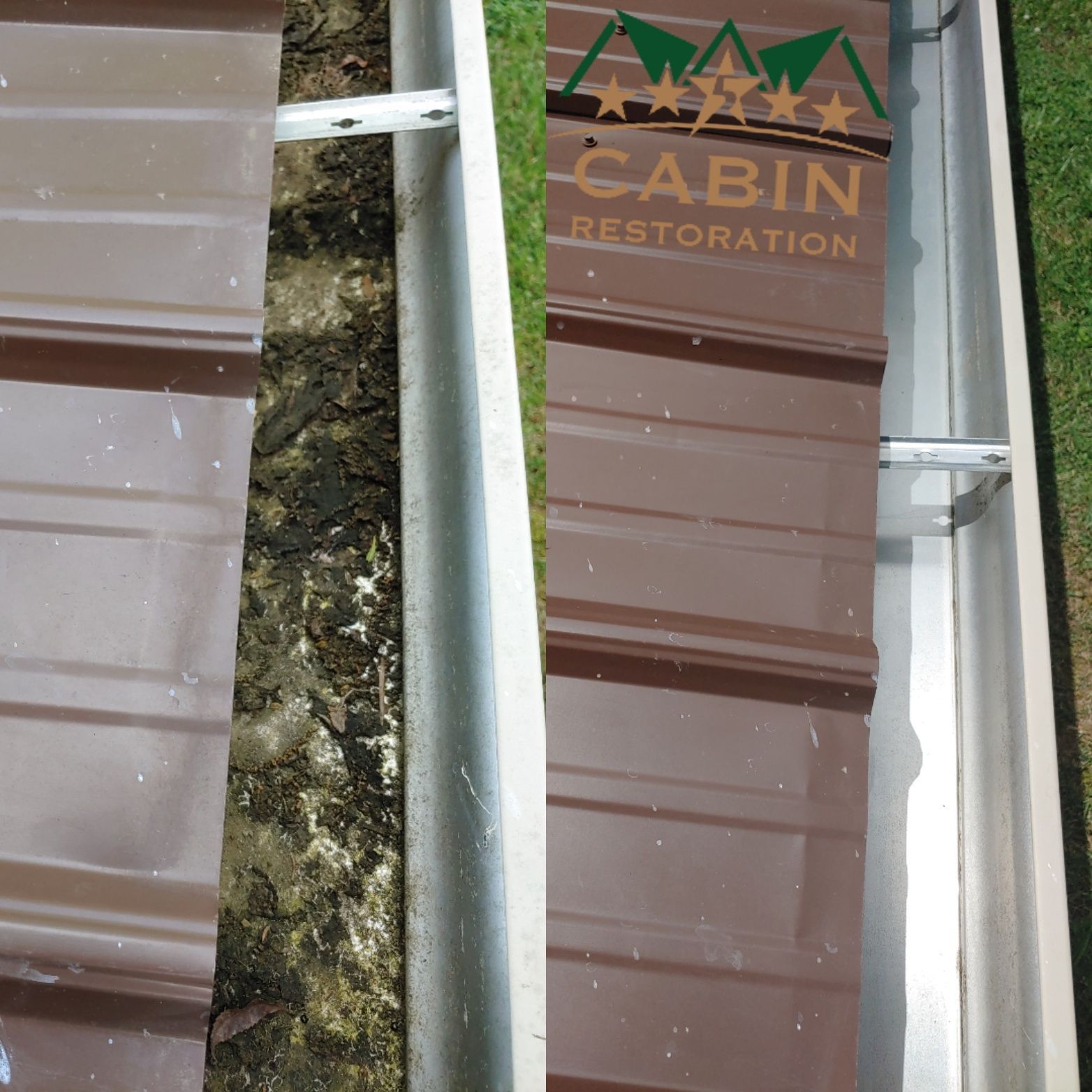 Before and after comparison of a brown metal gutter cleaning.