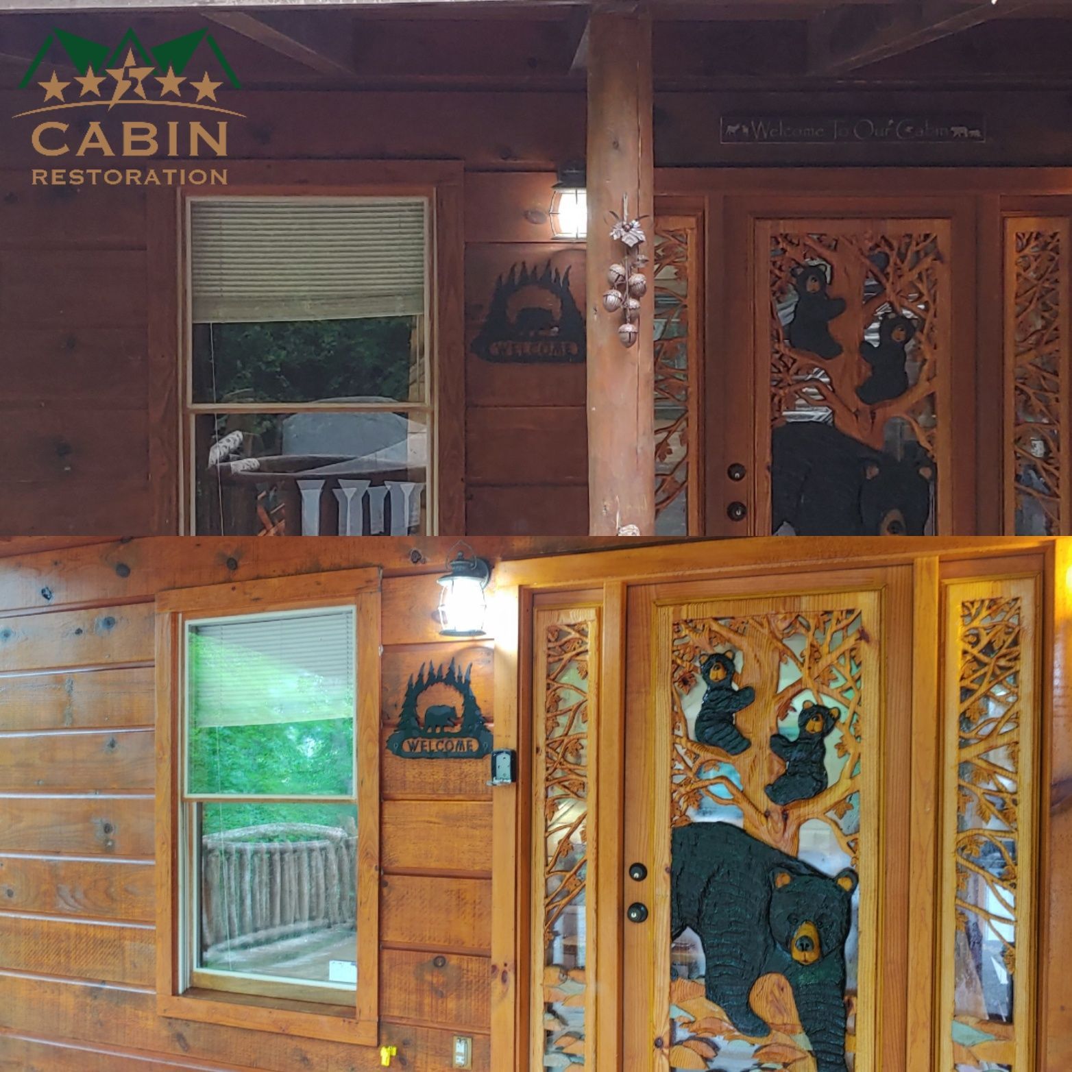 Exterior view of a wooden cabin, featuring a carved bear design on the doors and window.