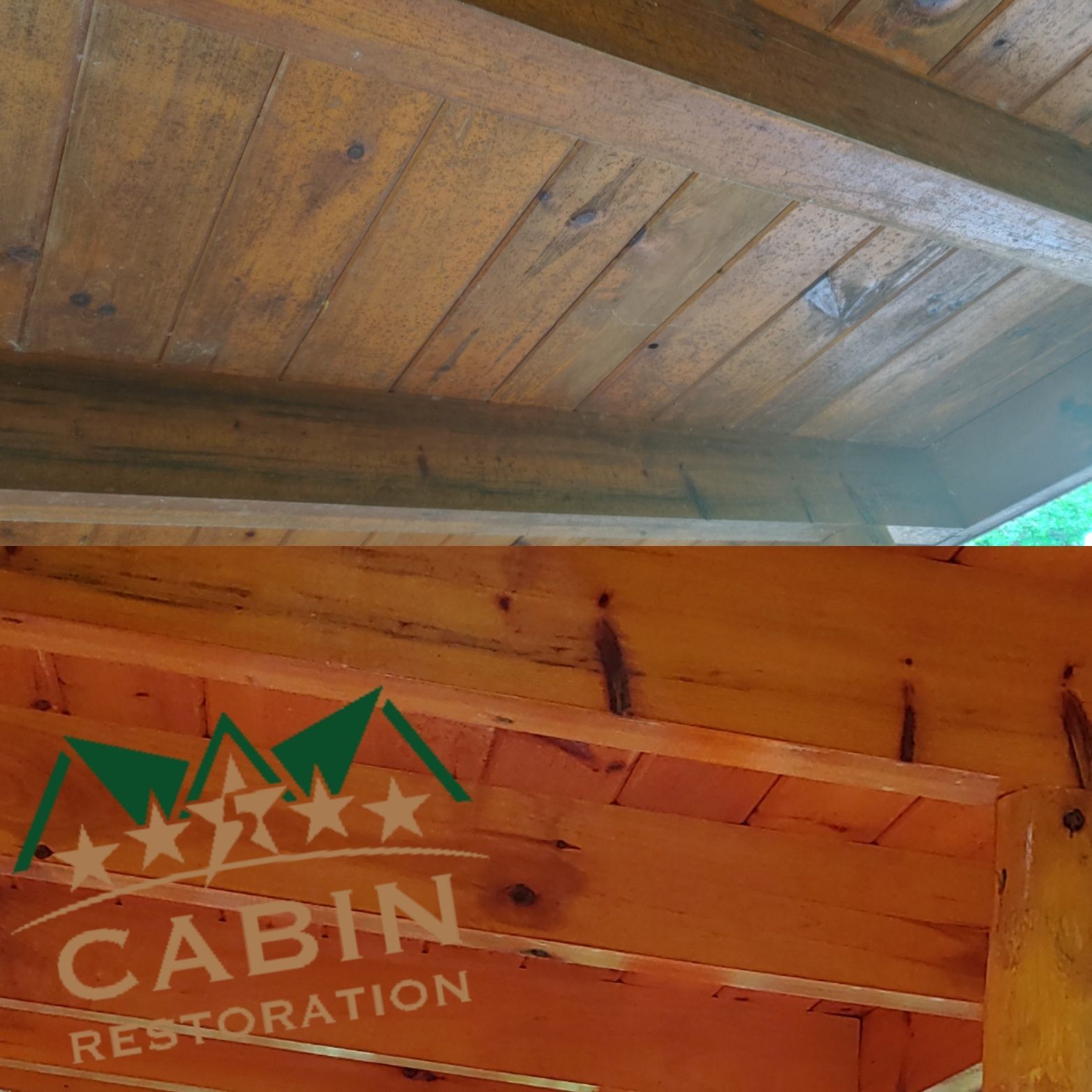 Before and after restoration of a wooden cabin ceiling, showing discoloration and a cleaner, brighter finish.