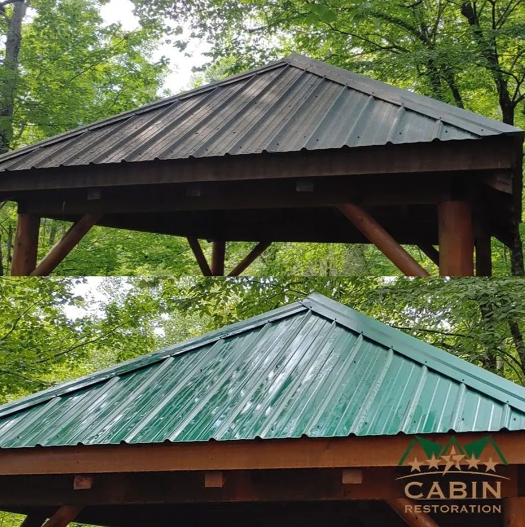 Before and after of a green metal roof being cleaned on a wooden gazebo in a wooded area.