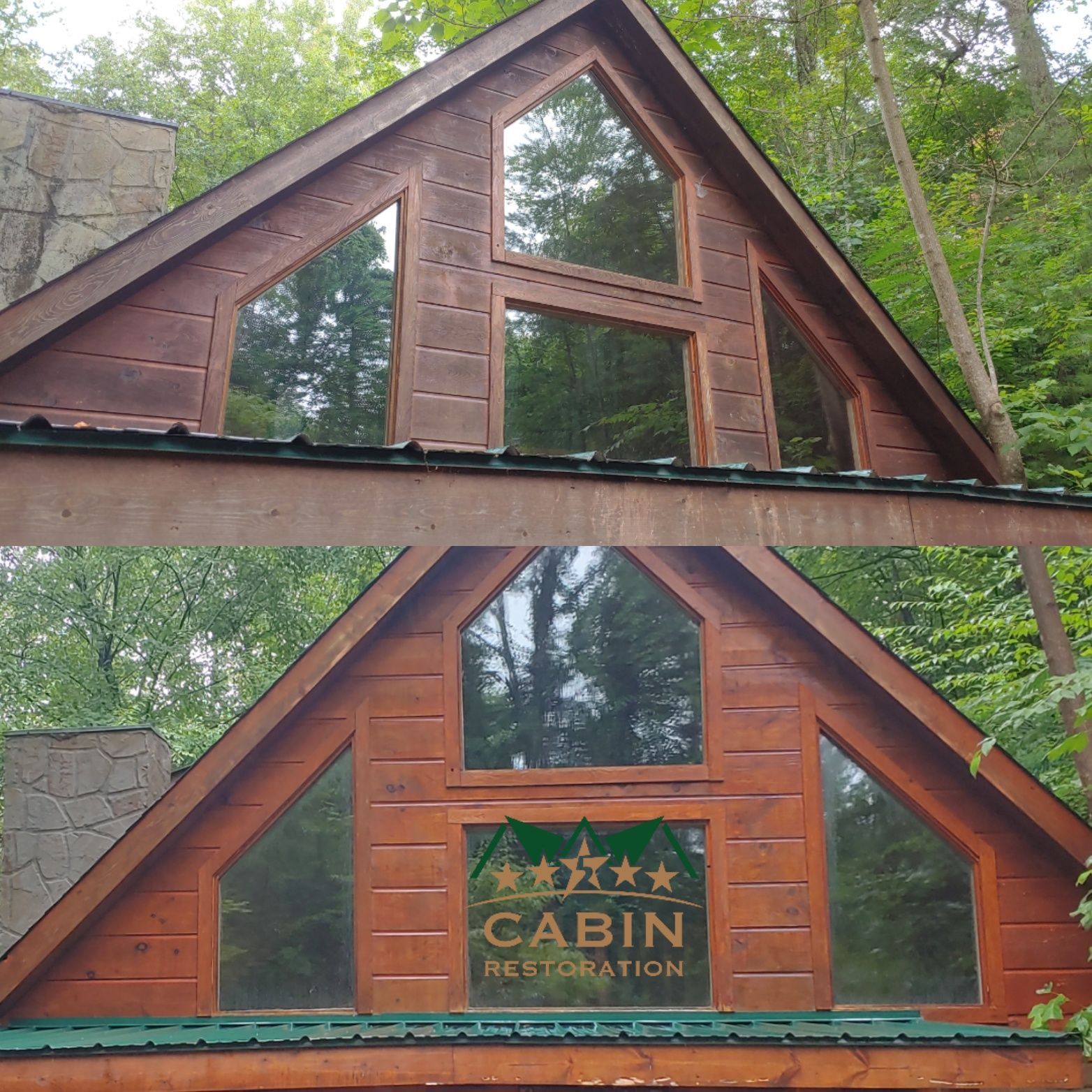 Before and after of a cabin's window restoration.