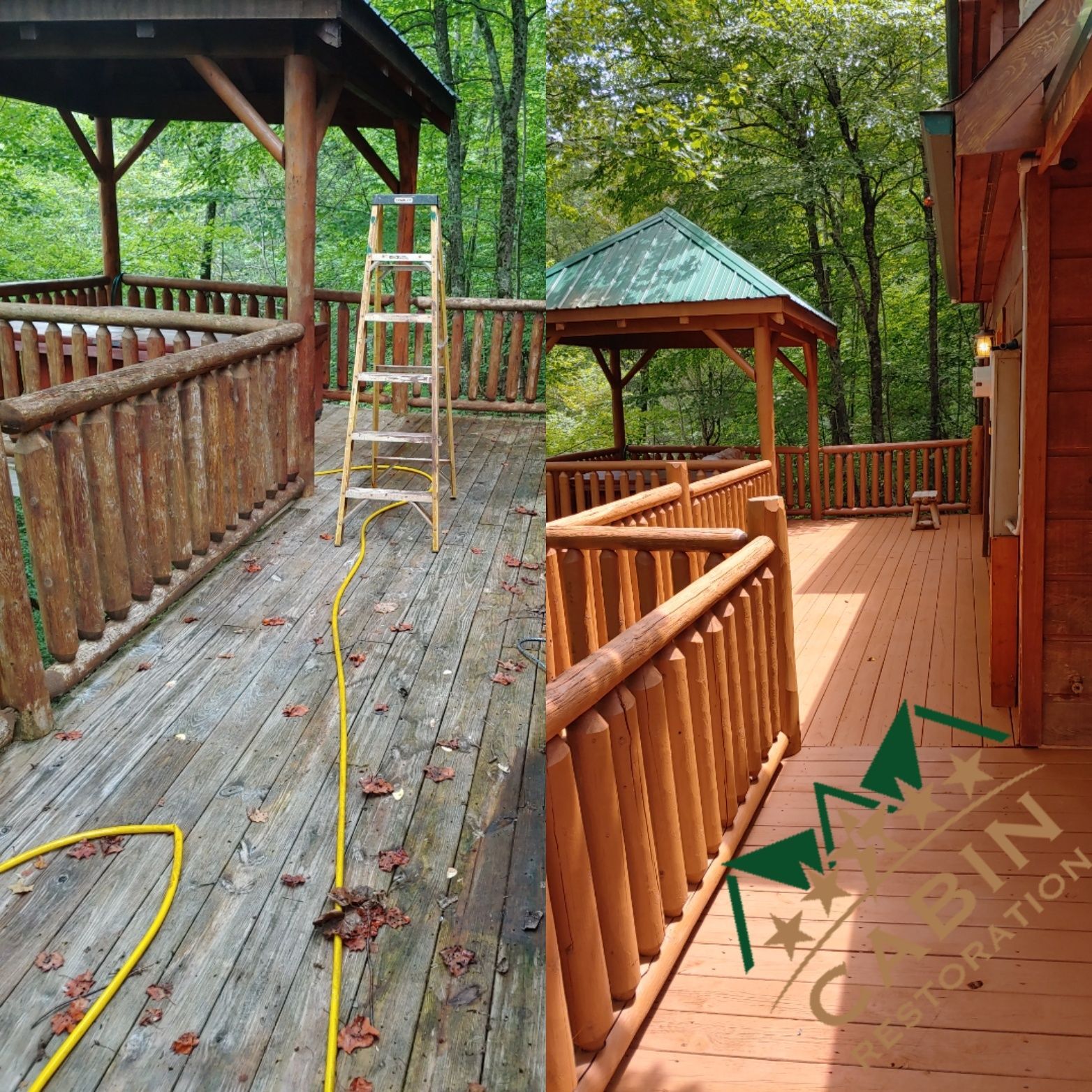 Deck restoration before and after. Wood deck with railing and gazebo.