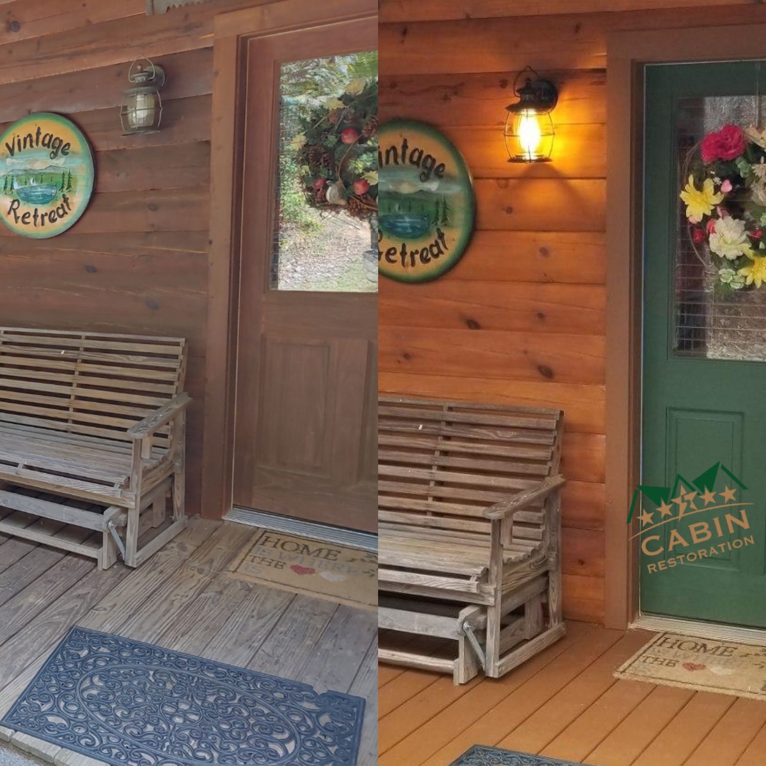 Cabin porch with green door, wooden bench, and 