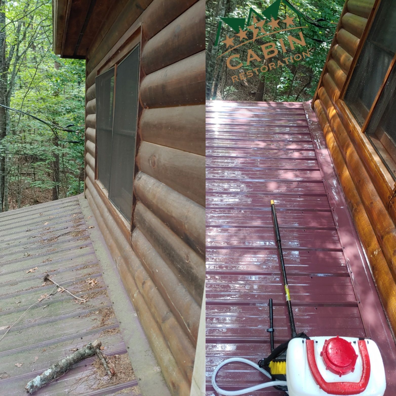 Cabin side and roof before and during cleaning with sprayer.