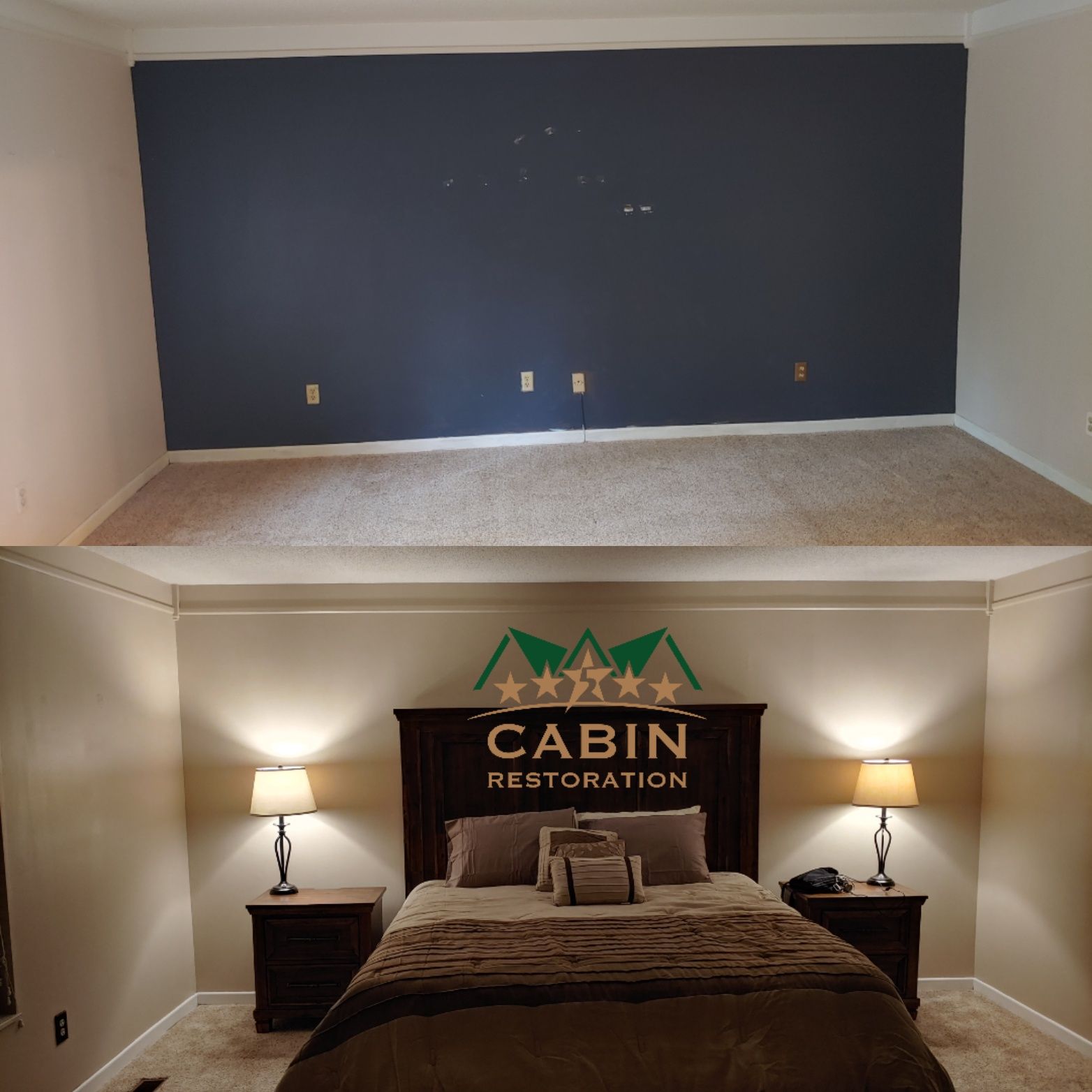 Side-by-side comparison of a bedroom wall before (dark blue) and after (light beige) renovation.