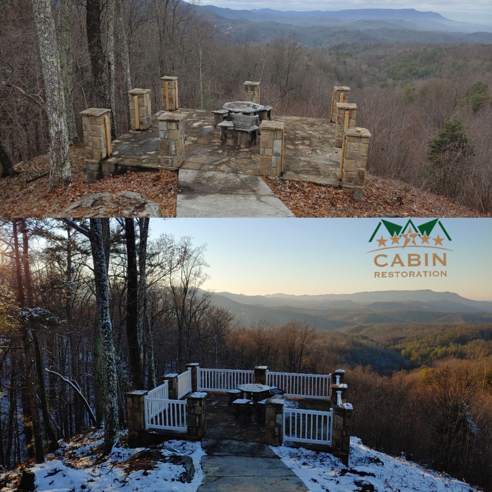 Before and after of a mountain overlook platform with table, columns, and railing; mountains in the background.
