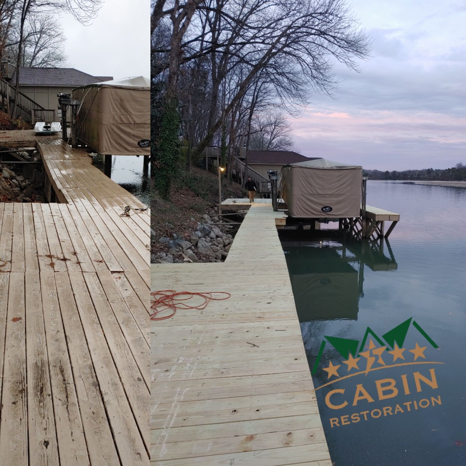 A wooden dock extends into a river, next to a cabin with a covered boat lift.