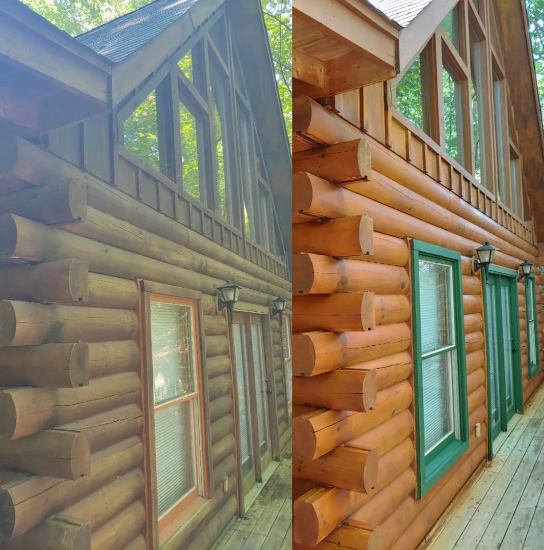 Comparison of a cabin's exterior before and after staining. 