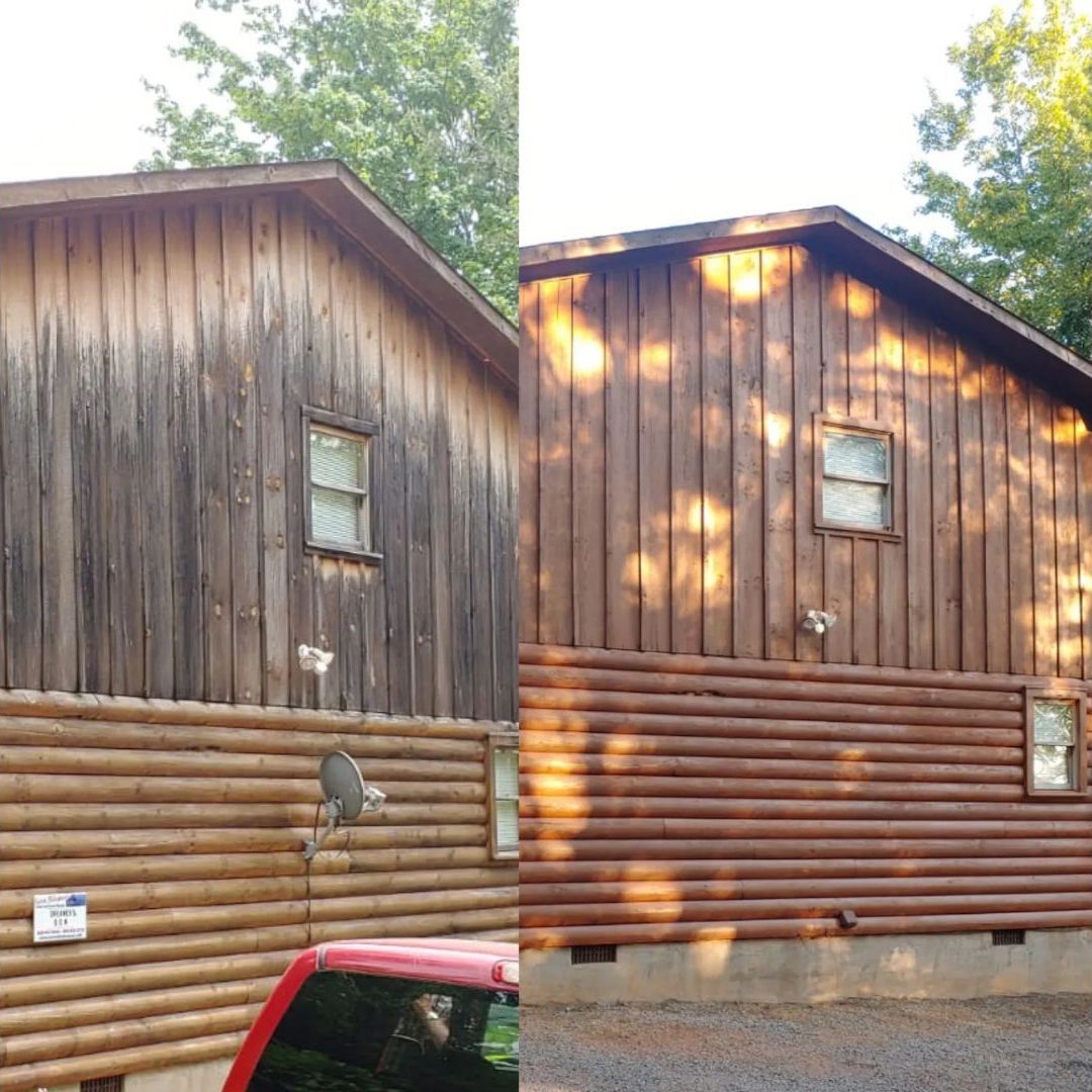 Before and after view of a wooden house exterior: weathered on left, stained brown on right.