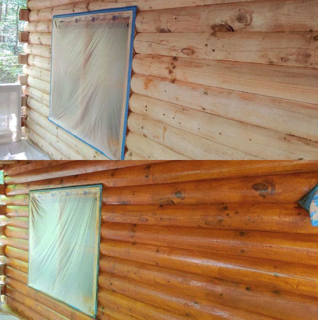 Two photos of a log cabin wall; top photo is light, bottom photo is stained a darker color.