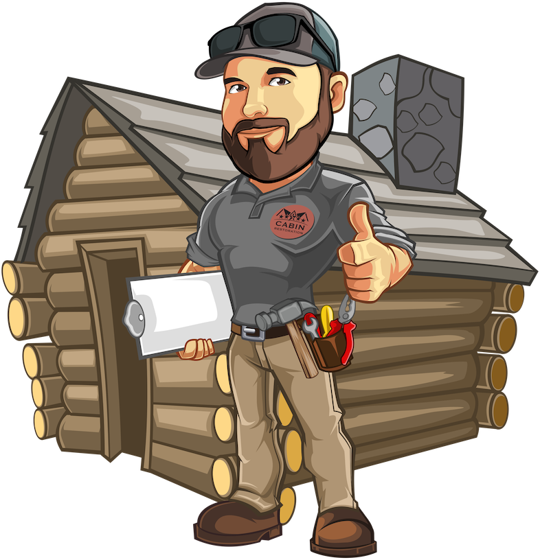 Cartoon man in gray shirt with thumbs up, holding paper in front of a log cabin.