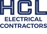 The logo for HCL electrical contractors is blue and white.