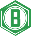 A green hexagon with a white letter b inside of it.