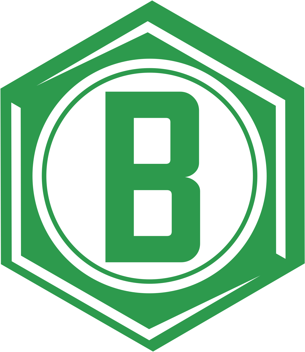 A green hexagon with a white letter b inside of it.