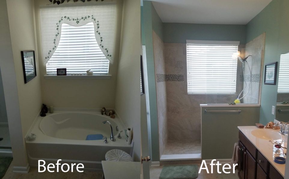 Bathroom renovation before and after. Before photo shows a tub with a window. After, a shower is visible with a vanity.
