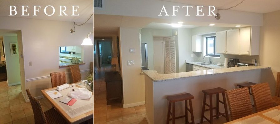 Before-and-after view of a kitchen renovation. The 