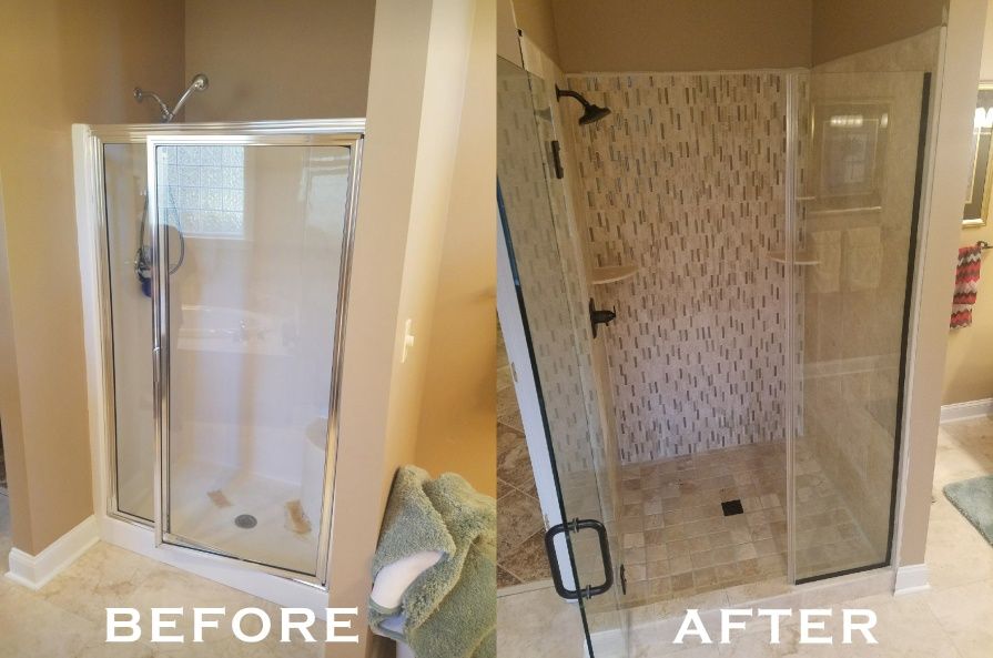 Before and after photos of a shower. Before, a framed glass shower. After, a frameless shower with tiled walls and darker fixtures.