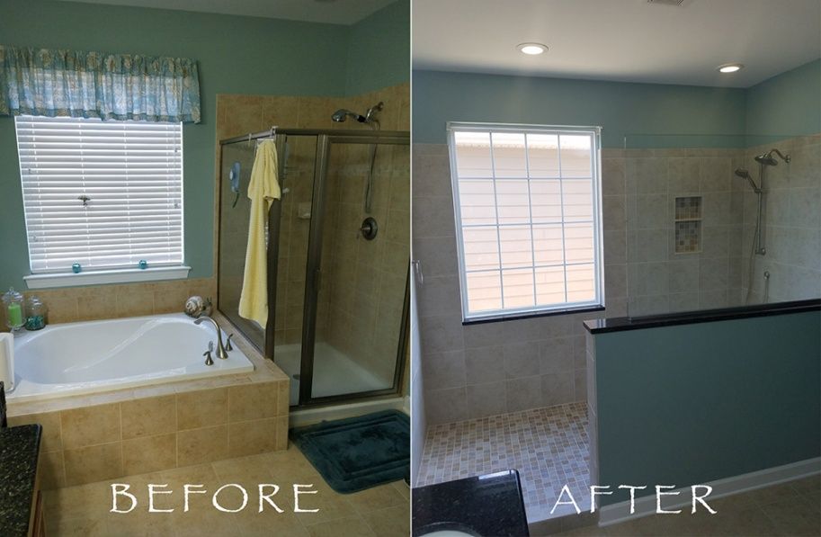 Bathroom renovation: Before and after comparison. Old room has a tub and shower with a window. The new room is more modern.