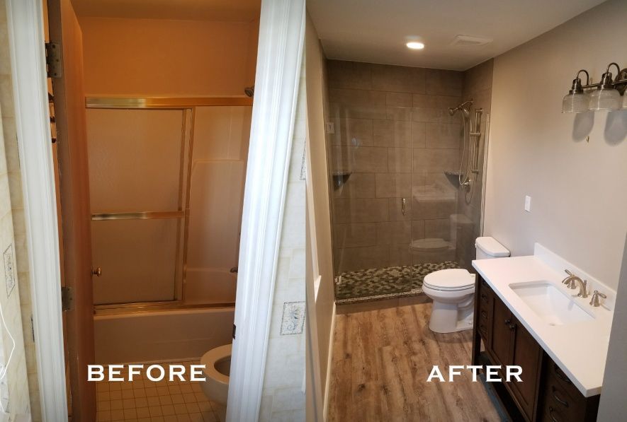 Before-and-after bathroom renovation. Left shows an old tub/shower. Right, a modern, gray-tiled shower, new vanity, and wood-look flooring.