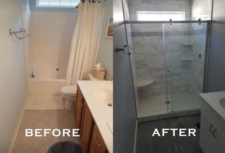 Bathroom renovation showing a before and after comparison: The before photo shows a basic tub and vanity; the after photo reveals a modern shower with glass doors and a new vanity.