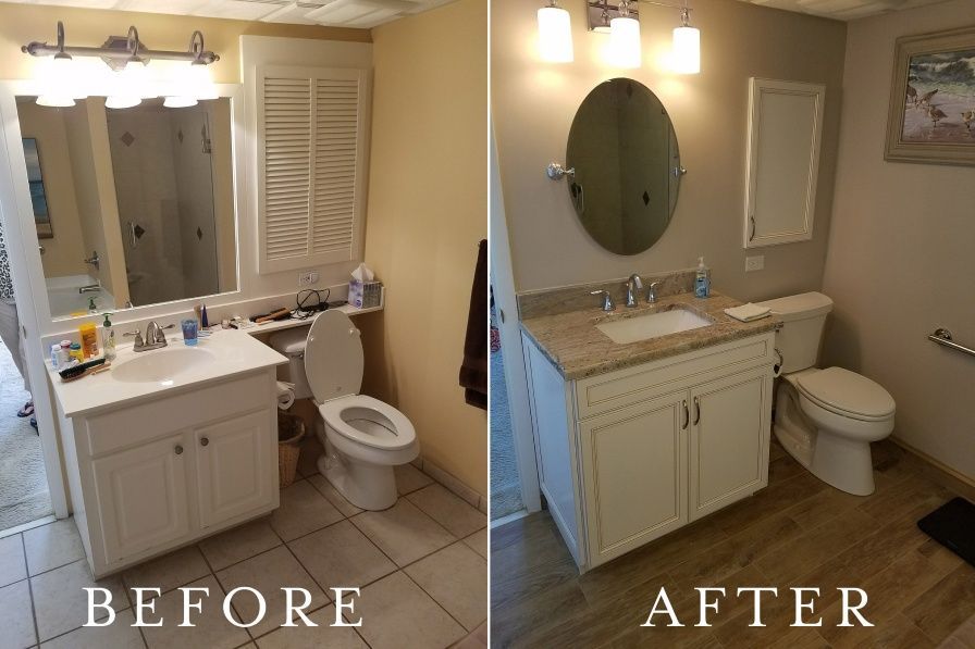 Bathroom renovation: Before and after views. Before: yellowish walls, white vanity, tile floor. After: grey walls, new vanity, wood-look floor.
