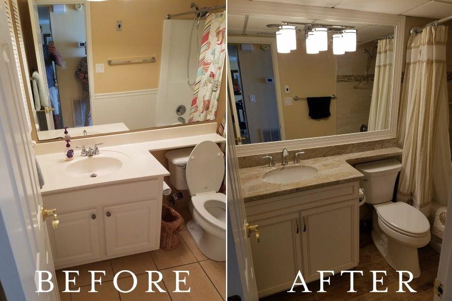 Before-and-after of a bathroom renovation. The 