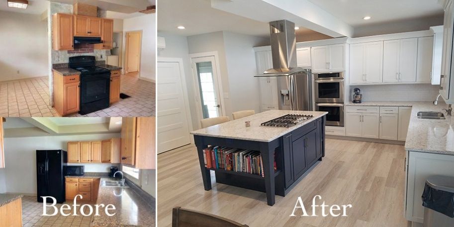 A before-and-after comparison of a kitchen remodel. The 