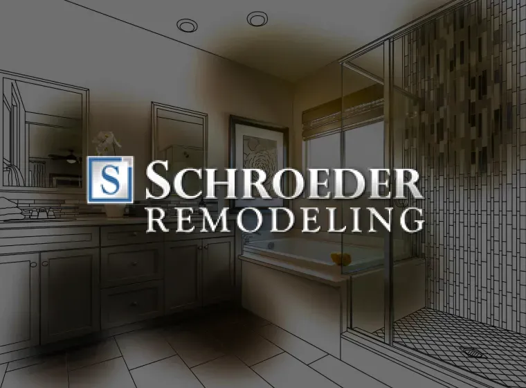 Schroeder Remodeling logo over a bathroom design sketch. The sketch shows a vanity, tub, shower, and window.