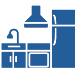 Blue icon of a kitchen with sink, cabinets, oven, range hood, and refrigerator.