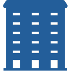 Blue icon of a multi-story building with white rectangular windows.