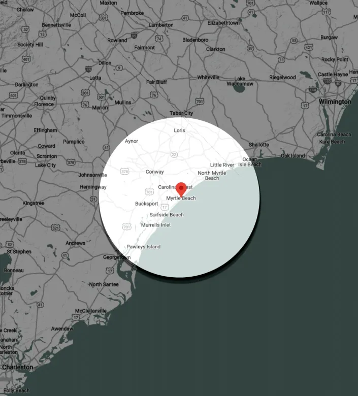 Map with a red marker centered on New Bern, North Carolina, with a circular radius indicating the surrounding area.