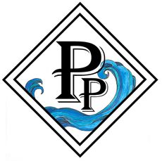 A logo with a letter p and a wave in a square.