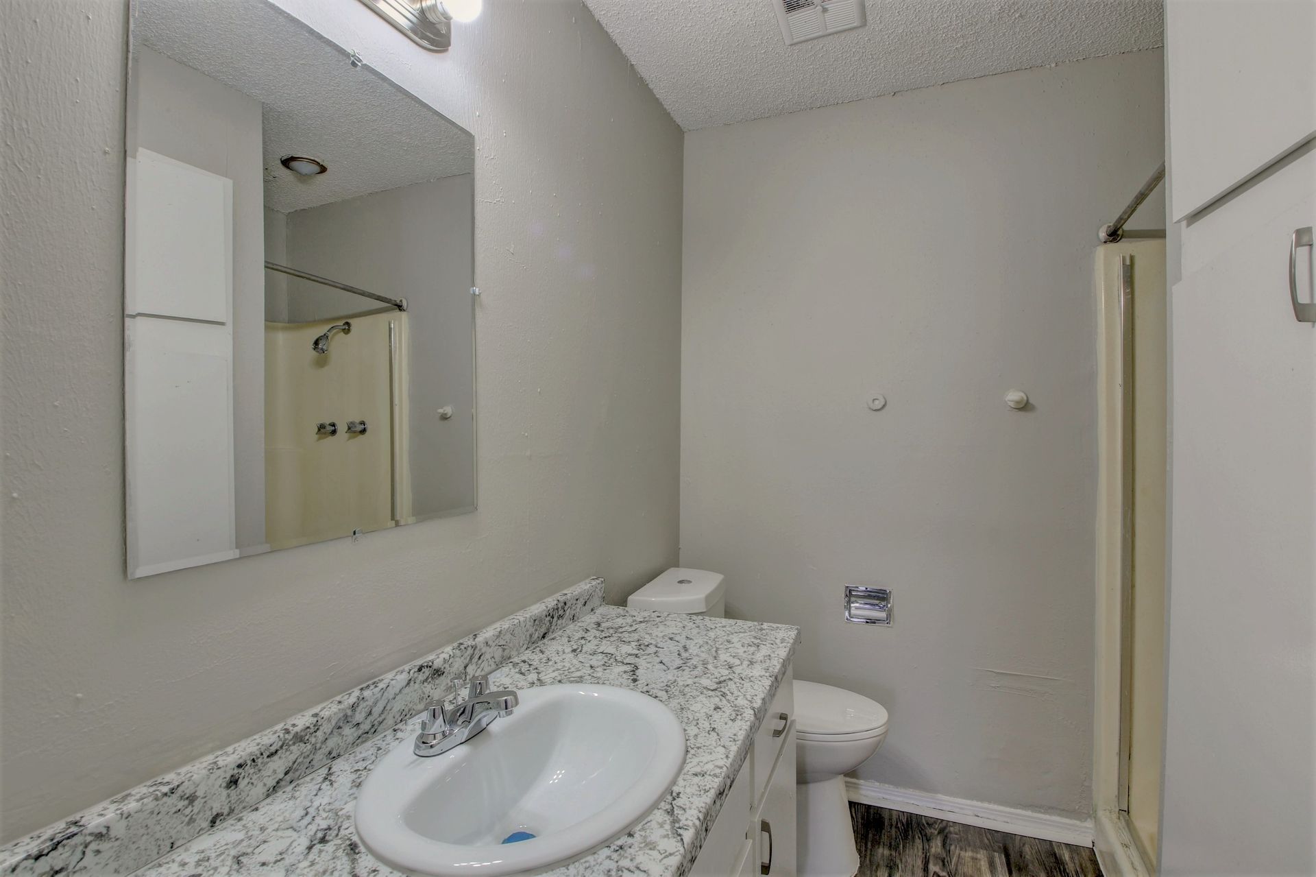 A bathroom with a sink , toilet , mirror and shower.