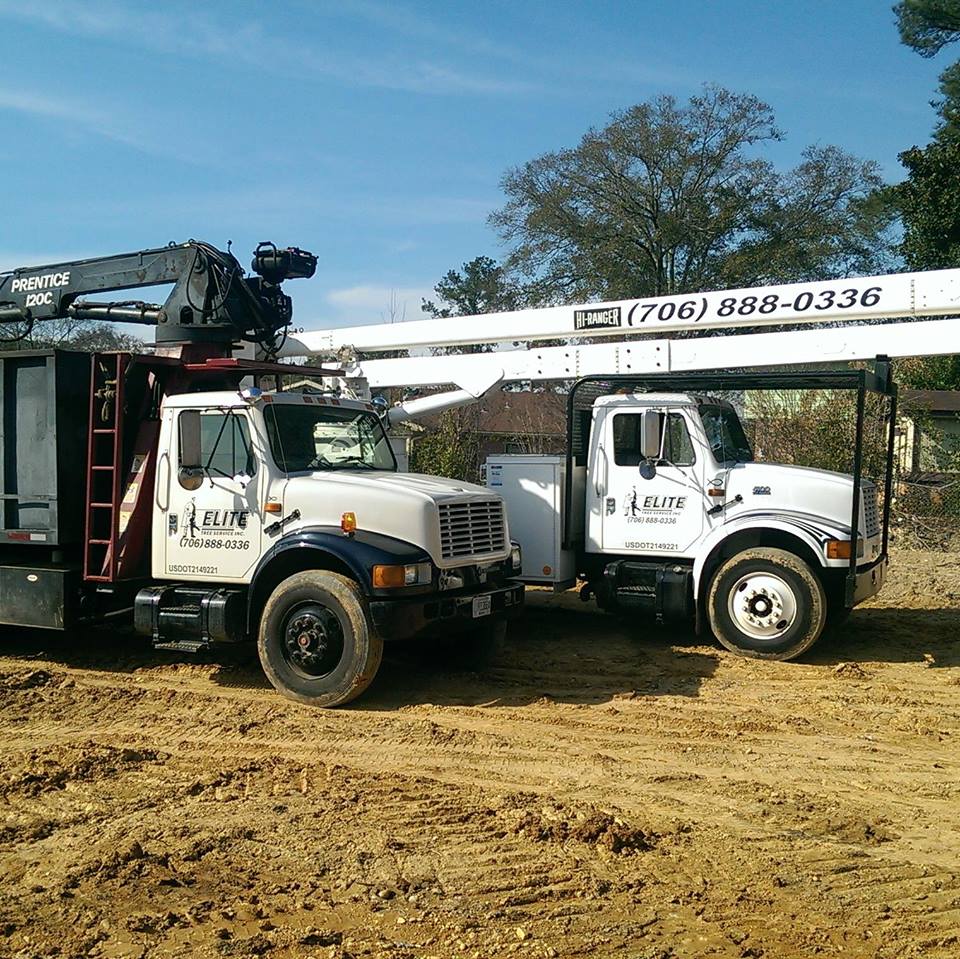 Two trucks are parked next to each other in a dirt field