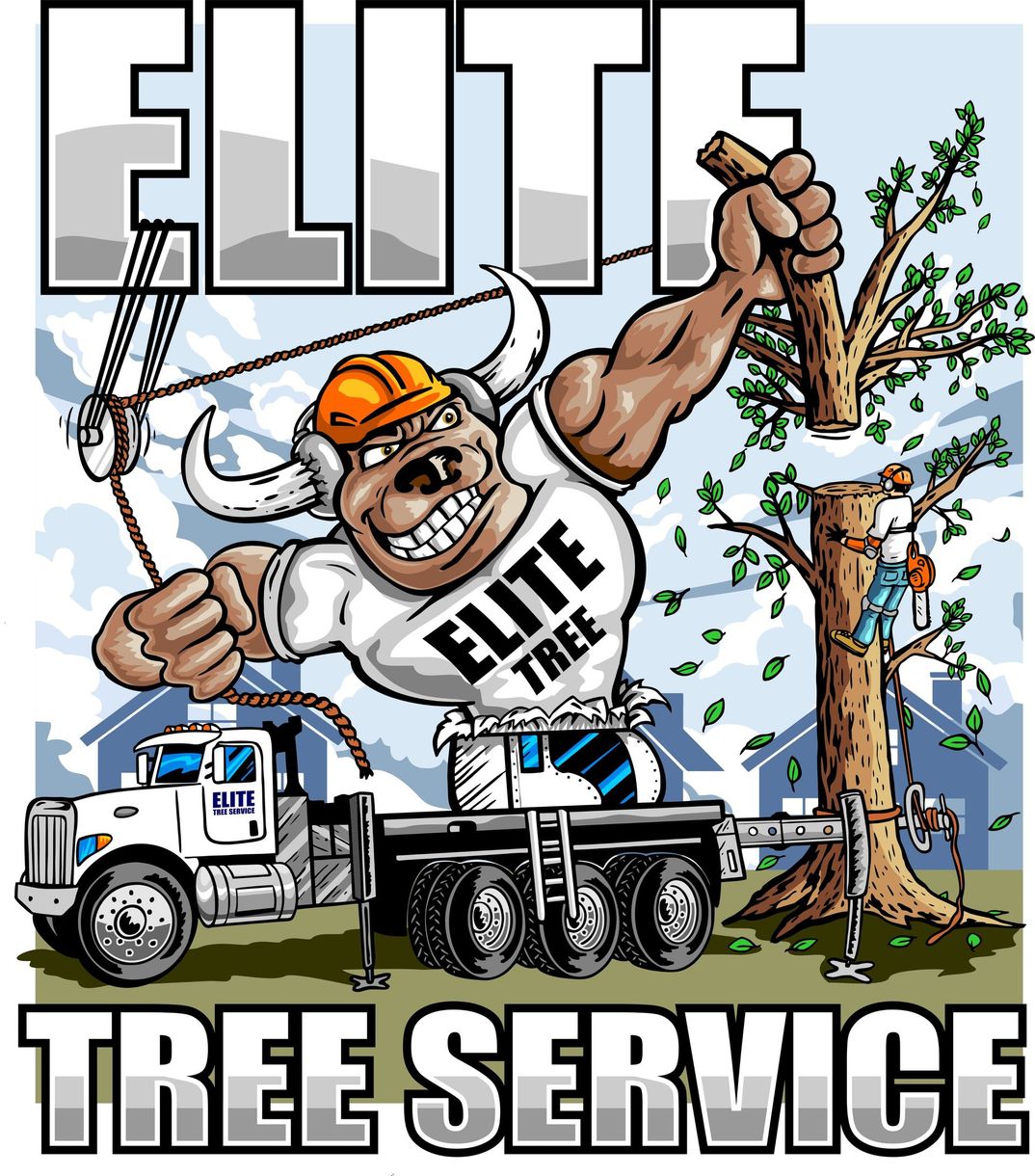 A cartoon of a bull wearing a shirt that says elite tree service