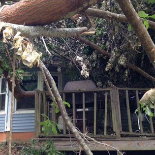 A tree has fallen on the deck of a house