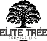 A black and white logo for elite tree service inc.