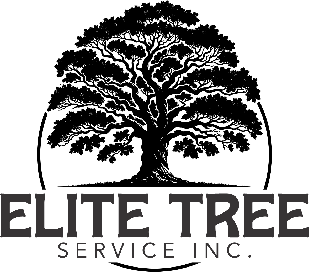 A black and white logo for elite tree service inc.