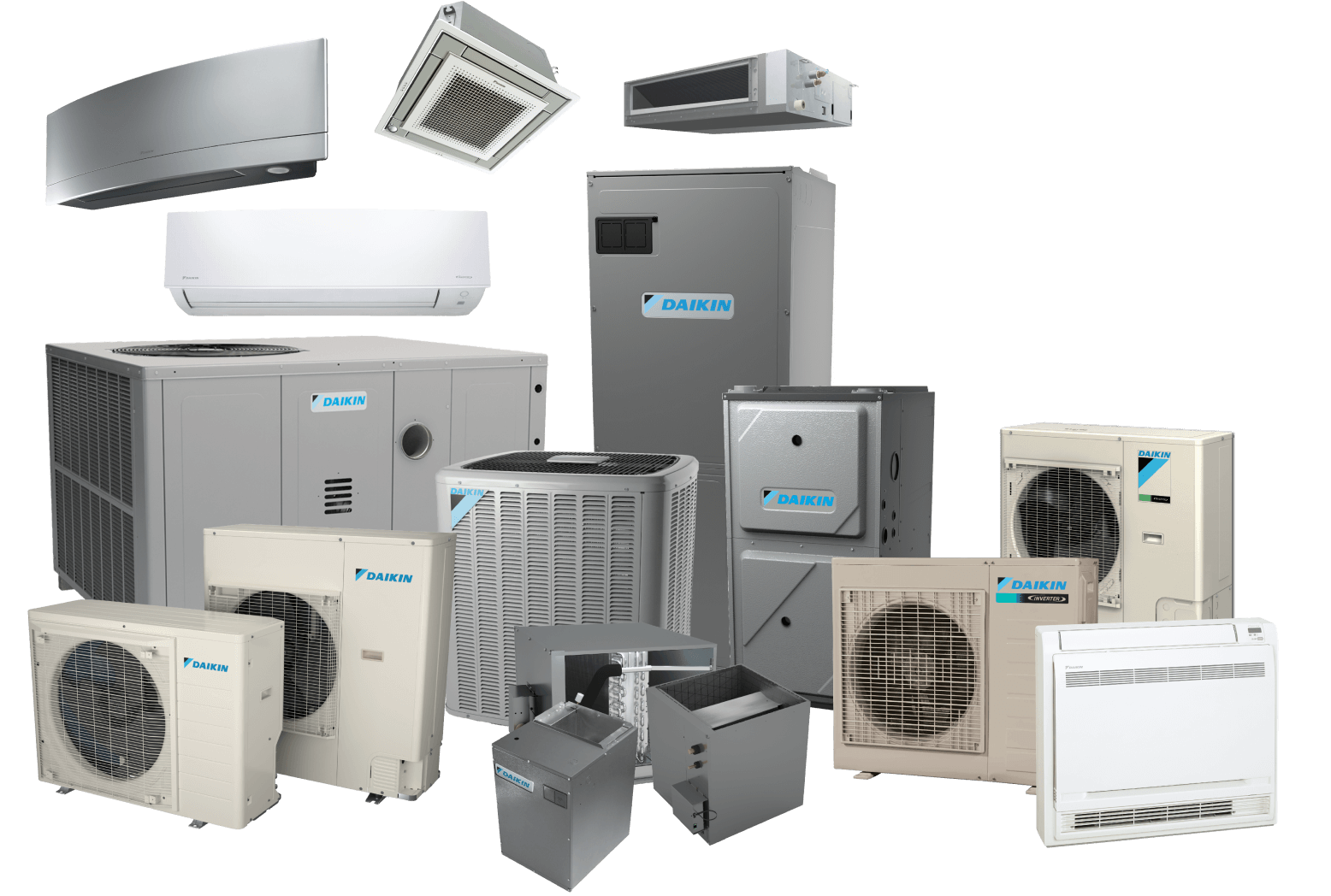 A group of air conditioners and heaters are sitting on top of each other on a white background.