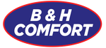 A blue and red logo for b & h comfort