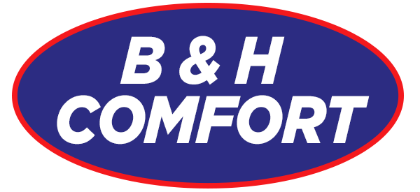 A blue and red logo for b & h comfort