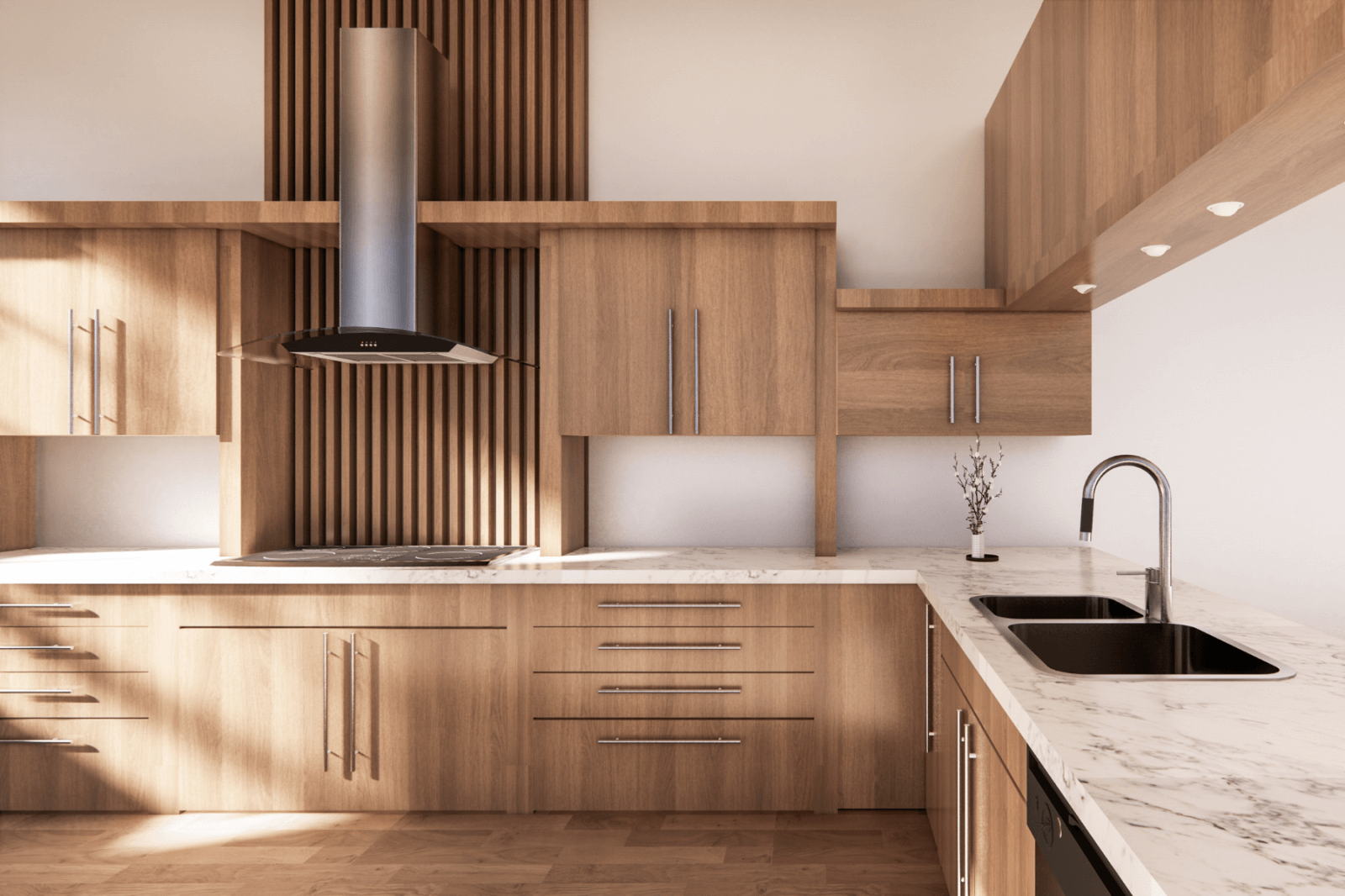 A kitchen with wooden cabinets , a sink , and a stove.