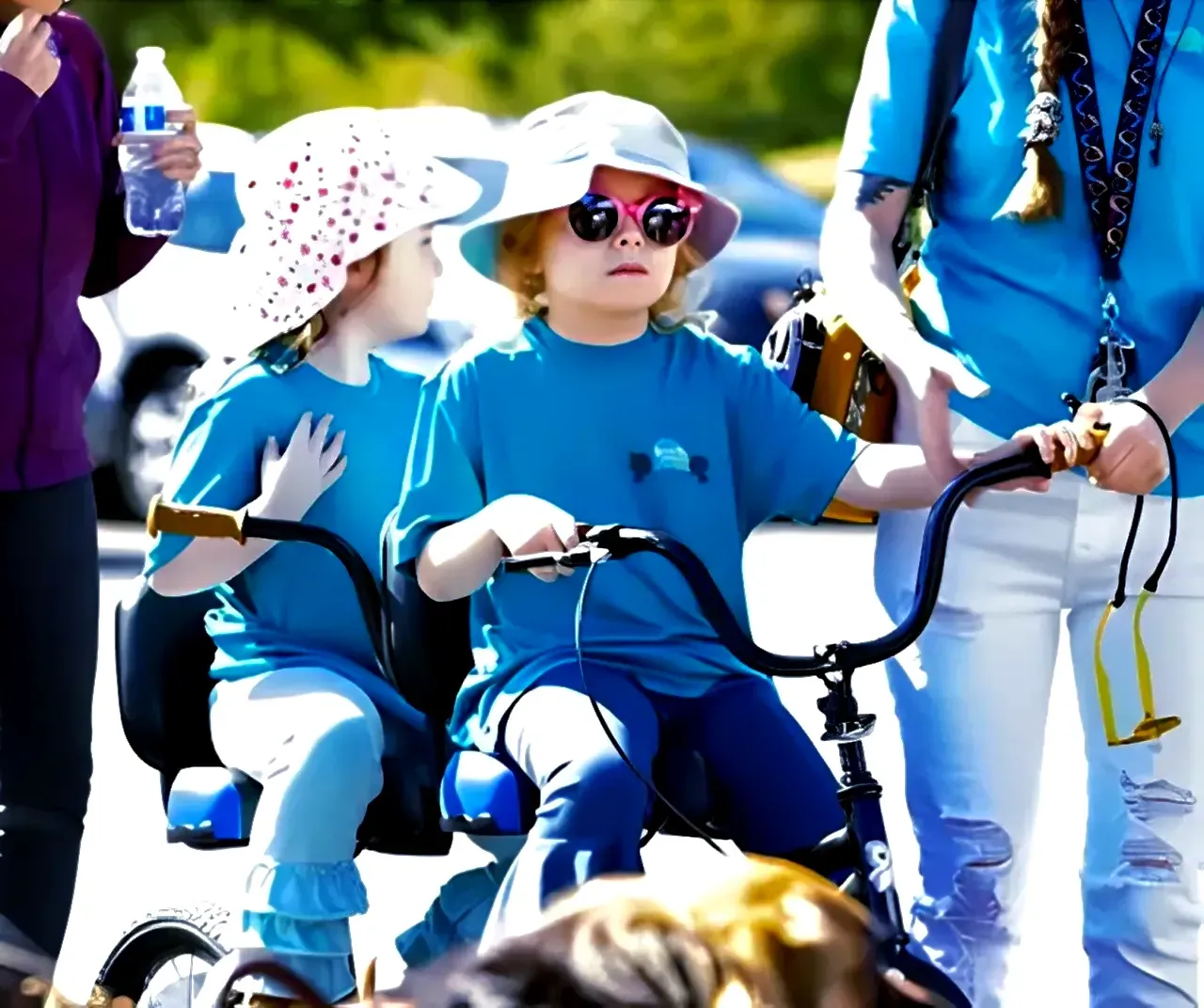 Two children wearing blue shirts are riding a bike