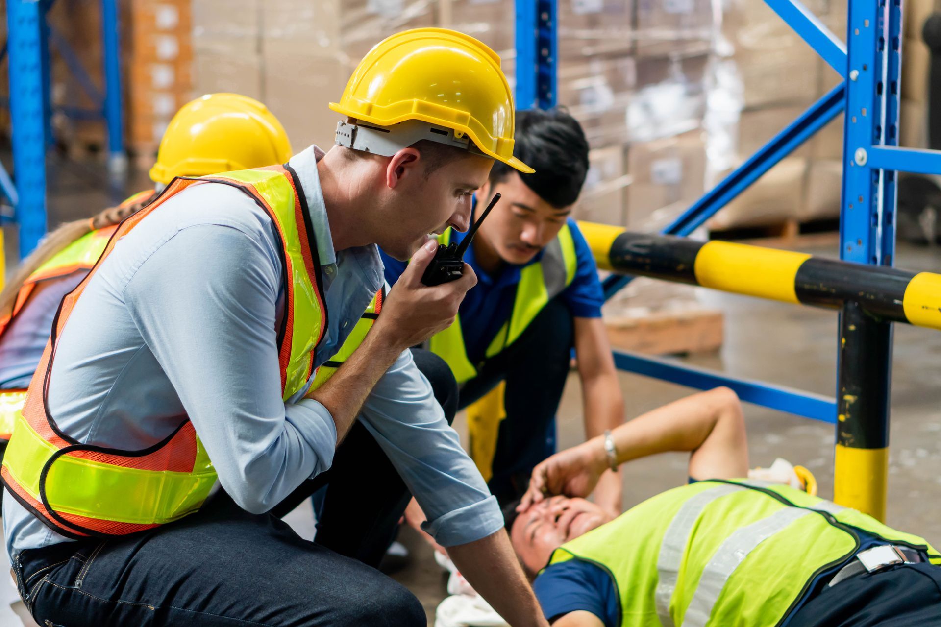 Warehouse workers tending to an injured colleague, one using a radio. Yellow hard hats, high-visibility vests.