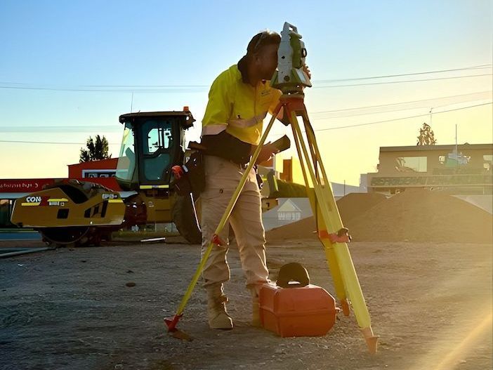 A Man is Standing on a Tripod in Front of a Bulldozer — Point to Point Surveying In Tatura, VIC