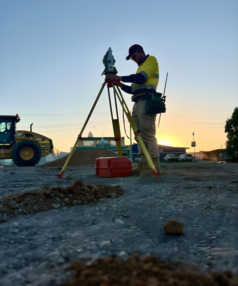 A Man is Standing on a Tripod Looking at a Camera — Point to Point Surveying In Tatura, VIC
