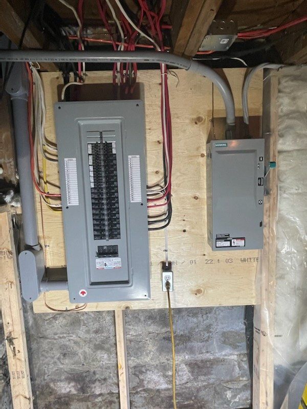 Panneau électrique et boîtier de déconnexion montés sur bois dans un sous-sol. Fils et conduits visibles.