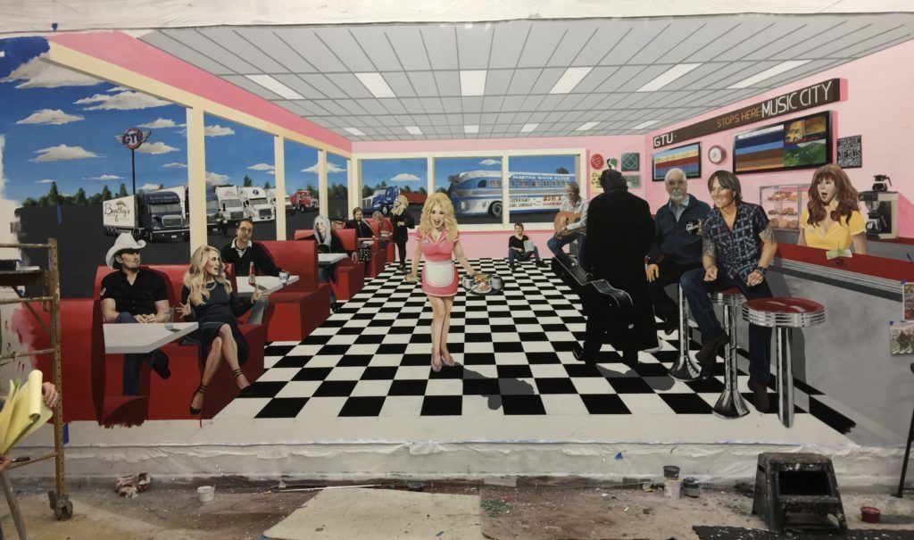 A painting of a diner with a checkered floor