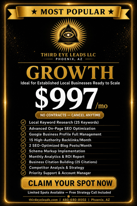 Gold and black growth ad with a $97 monthly offer and “Claim Your Spot Now” call to action.